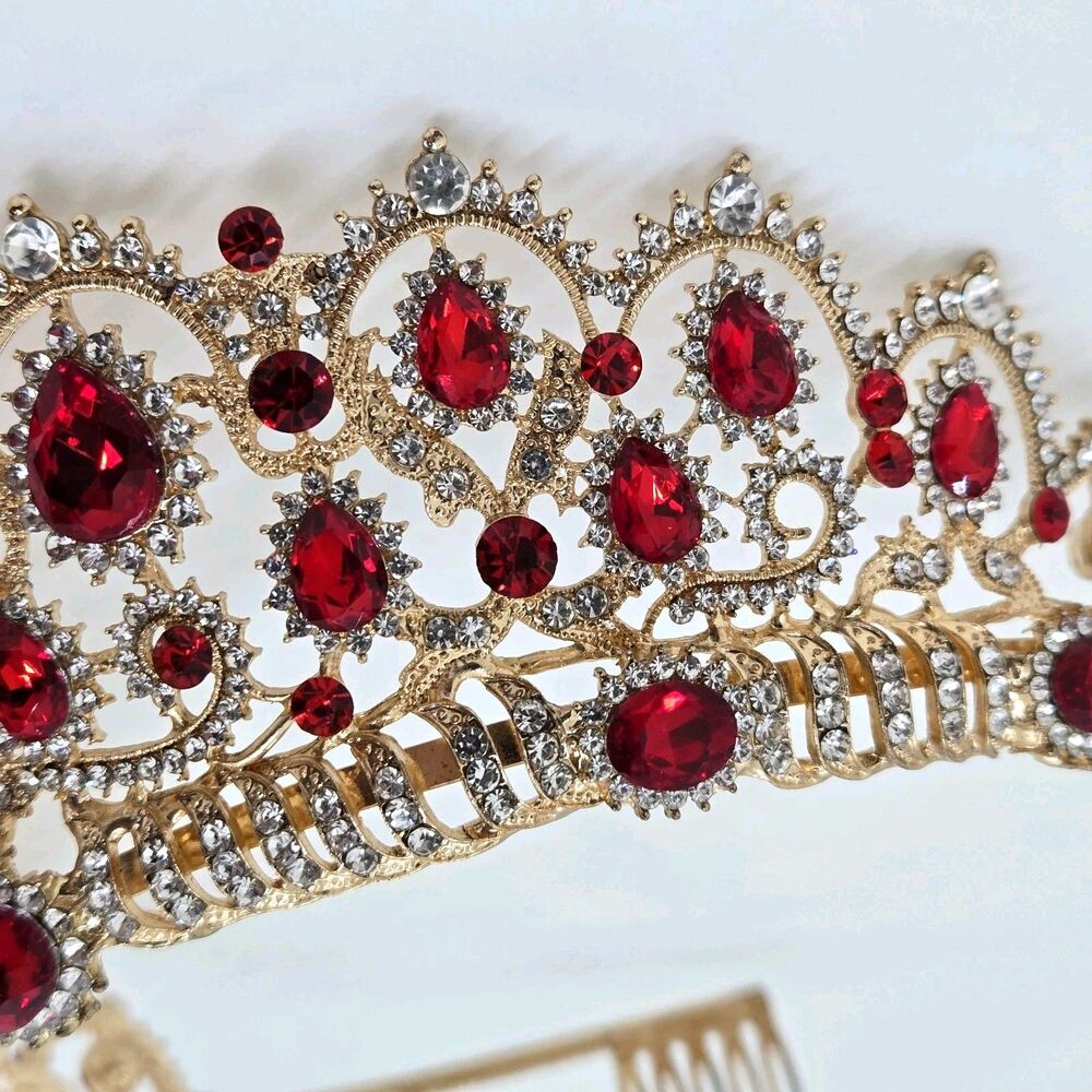 Gold Queen Tiara Crown Red Rhinestones Medieval Renaissance Costume Headpiece - Picture 4 of 8